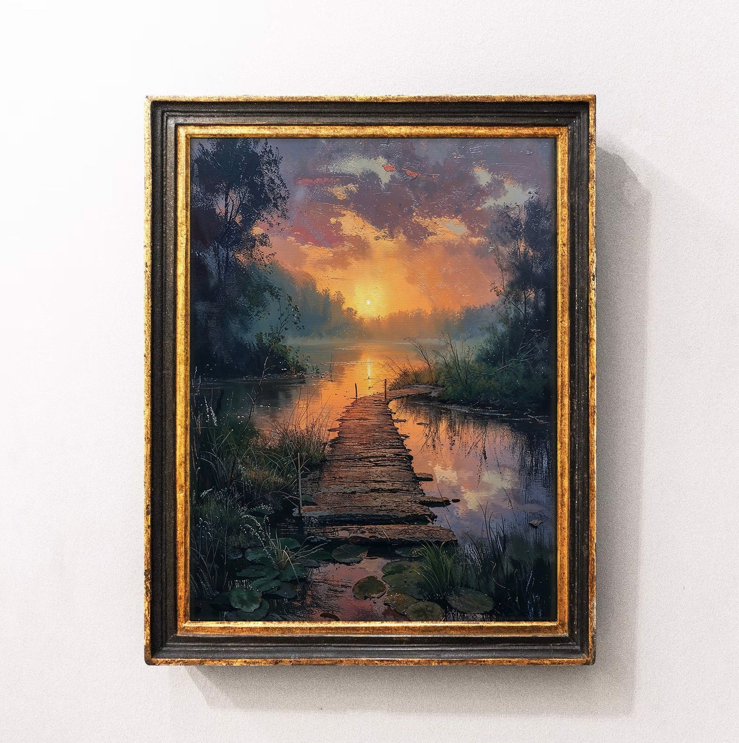 Sunset Over a Tranquil Lake with Wooden Pathway - Serene Nature Digital Art Print | Art Academi Wall Art | Instant Download