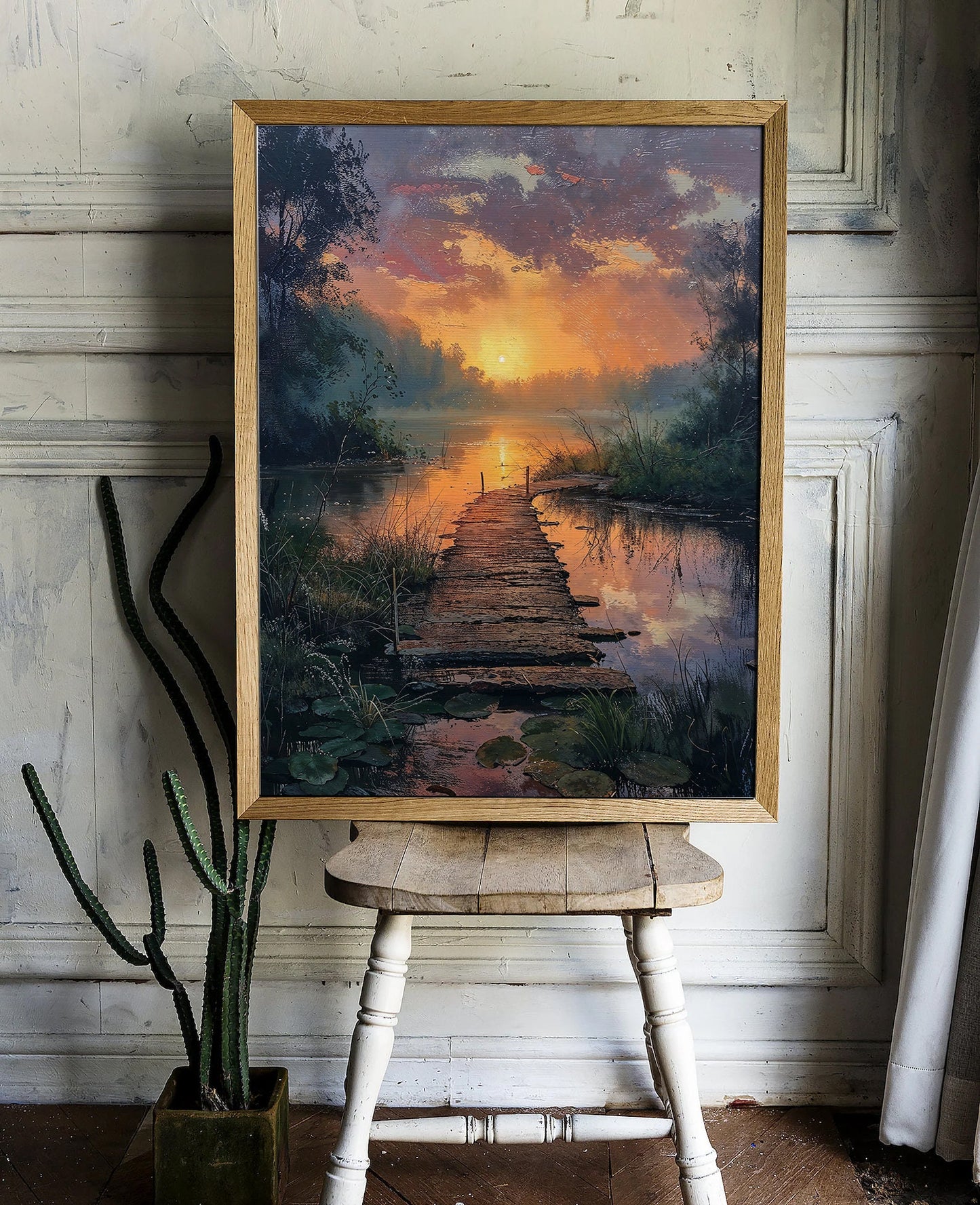 Sunset Over a Tranquil Lake with Wooden Pathway - Serene Nature Digital Art Print | Art Academi Wall Art | Instant Download