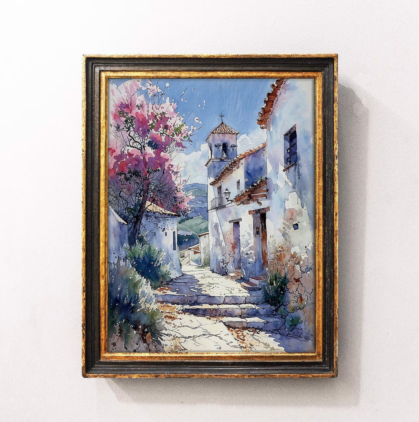 Charming Mediterranean Village Scene - Watercolor Digital Art Print | Art Academi Wall Art | Instant Download