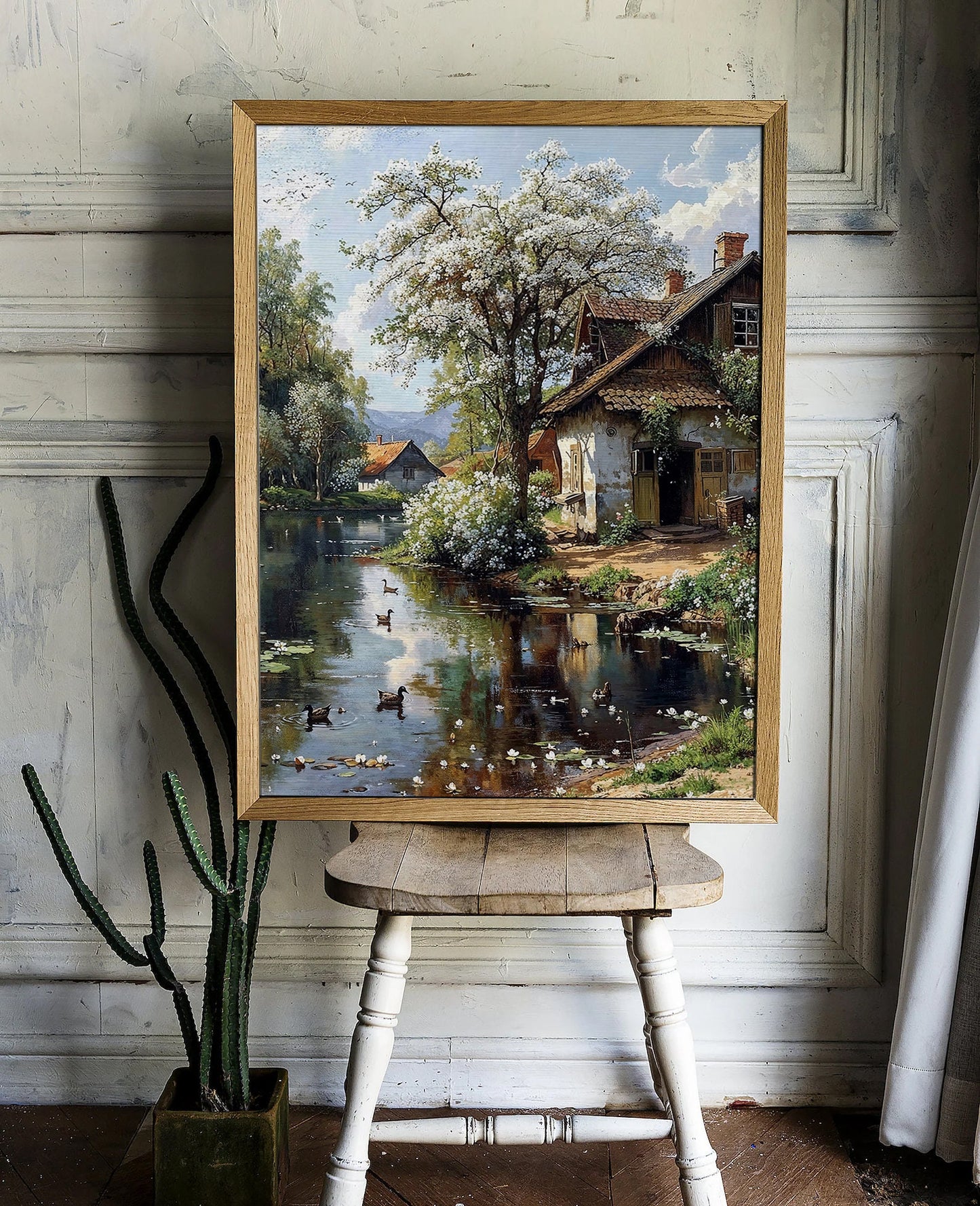 Tranquil Springtime Cottage by the Pond - Digital Art Print | Art Academi Wall Art | Instant Download