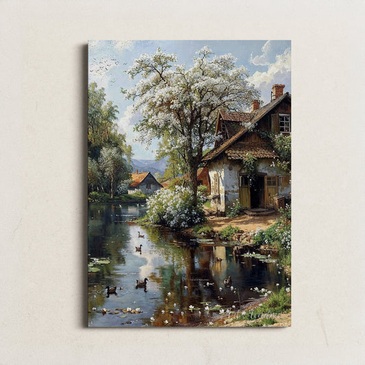 Tranquil Springtime Cottage by the Pond - Digital Art Print | Art Academi Wall Art | Instant Download