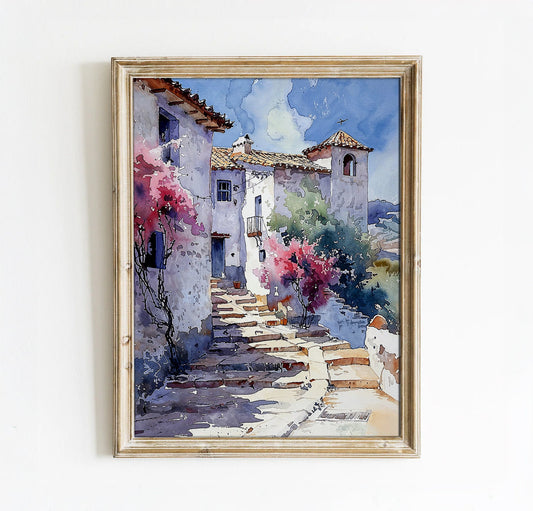 Sunlit Spanish Village | Digital Art Print | Art Academi | Mediterranean Wall Decor | Instant Download Home Art | Bright and Vibrant Scene