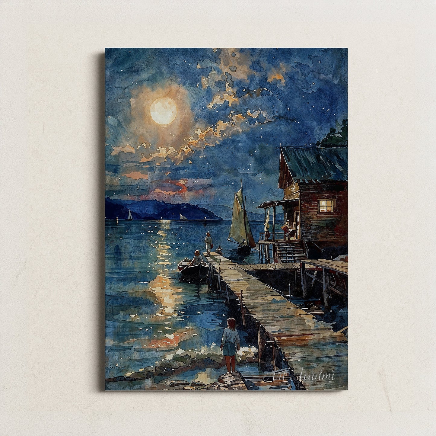 Moonlit Lakeside Dock with Boats and Starry Night Sky - Enchanting Printable Art for Home Decor | Art Academi