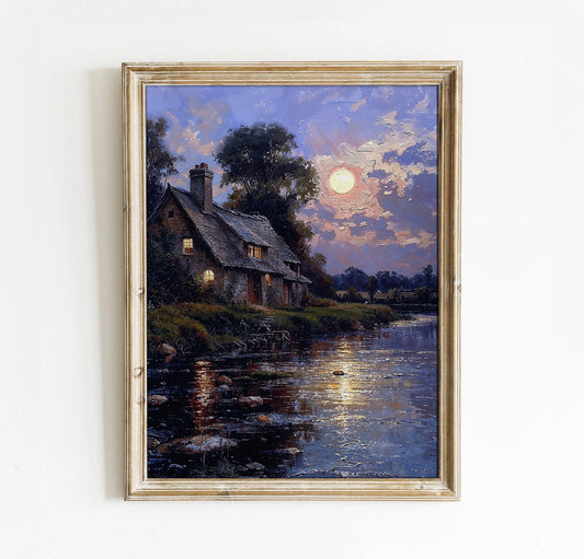 Moonlit Cottage by the Riverside - Tranquil Nightscape Printable Art for Home Decor | Art Academi