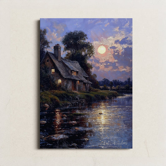 Moonlit Cottage by the Riverside - Tranquil Nightscape Printable Art for Home Decor | Art Academi