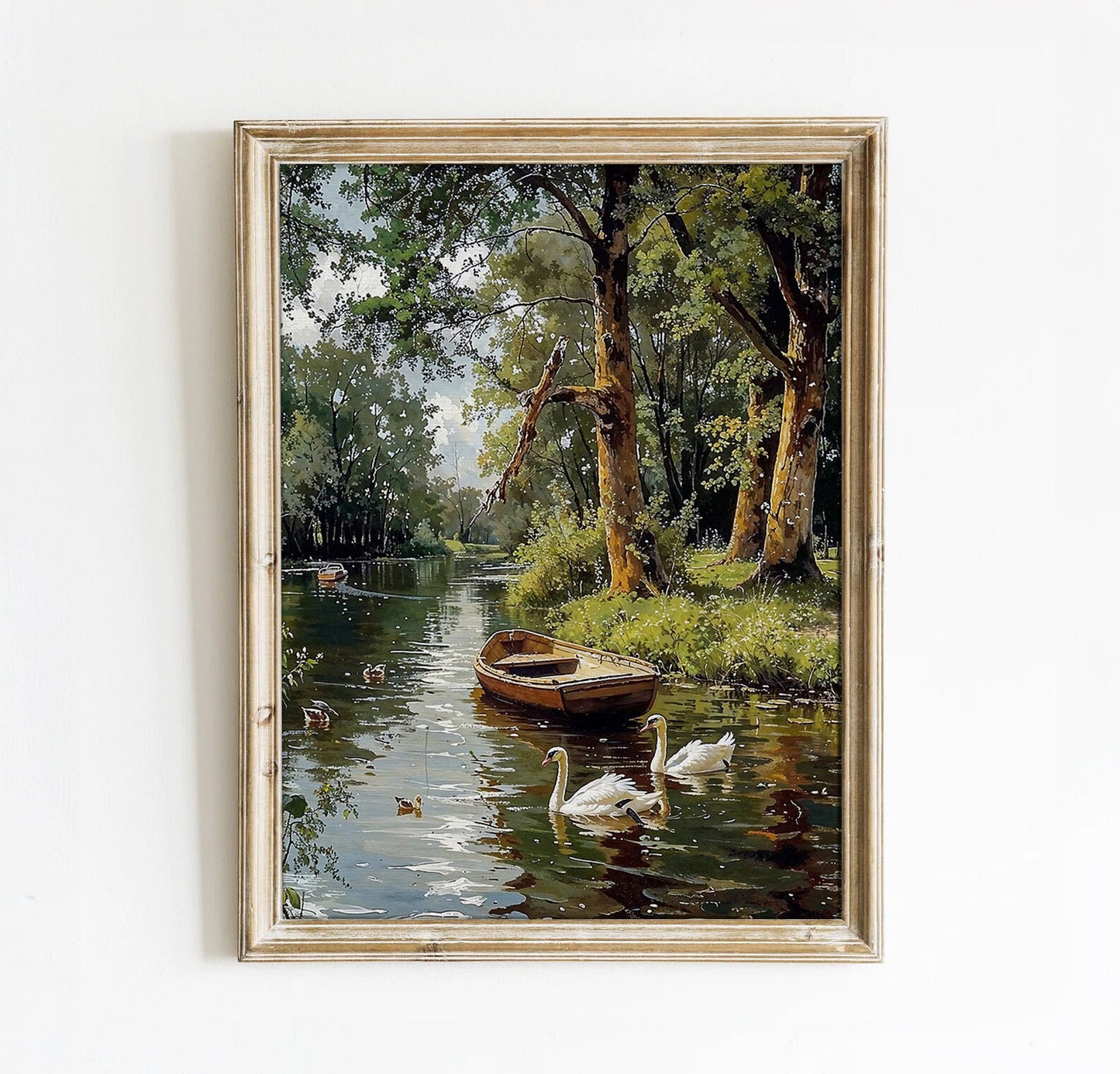 Serene River with Swans and Rowboat - Tranquil Nature Printable Art for Home Decor | Art Academi