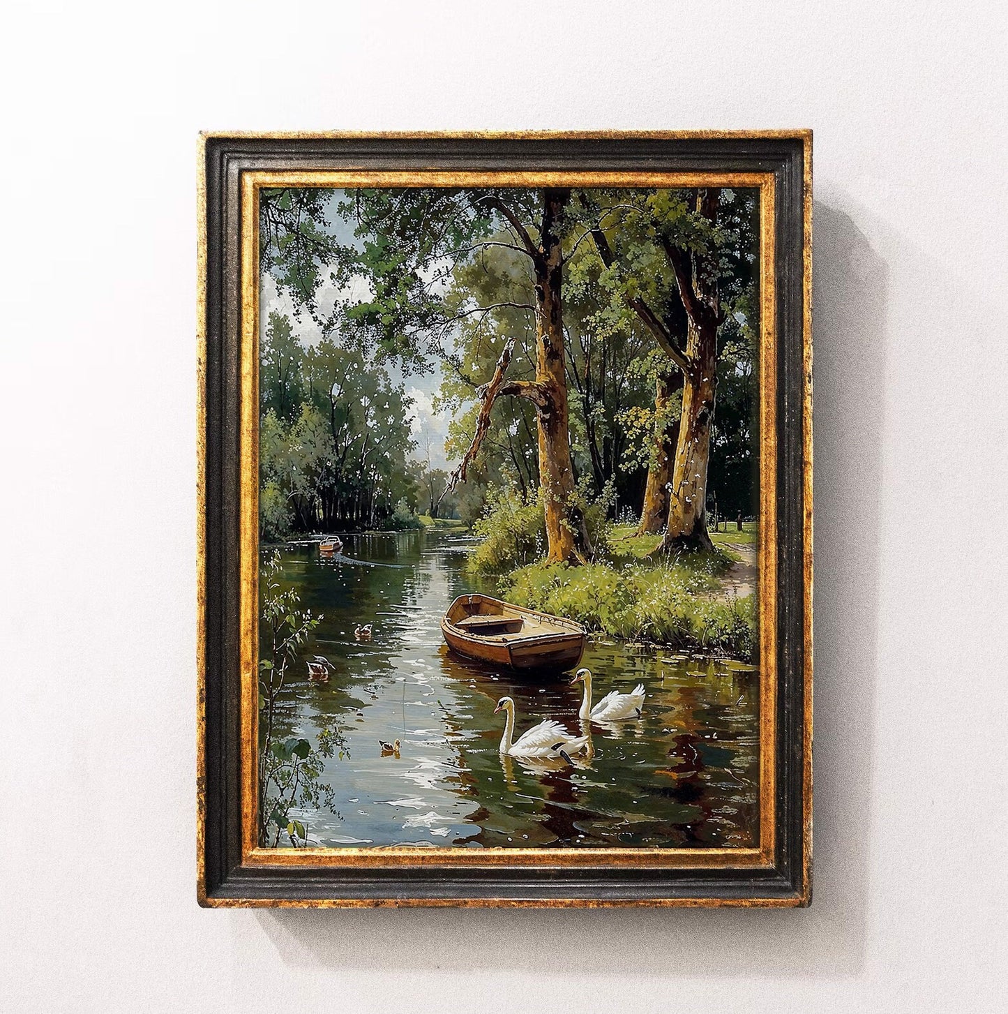 Serene River with Swans and Rowboat - Tranquil Nature Printable Art for Home Decor | Art Academi