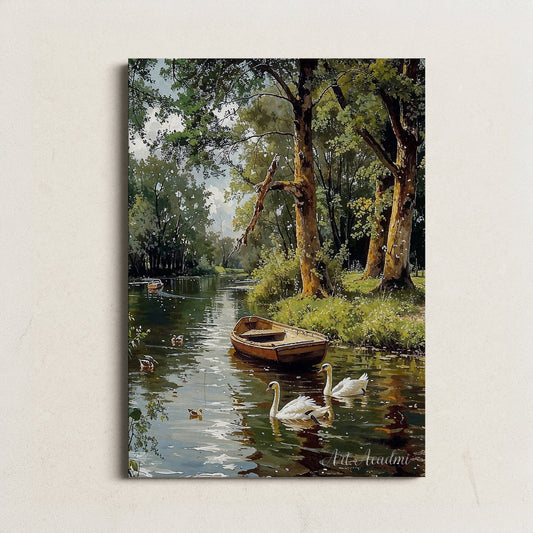 Serene River with Swans and Rowboat - Tranquil Nature Printable Art for Home Decor | Art Academi