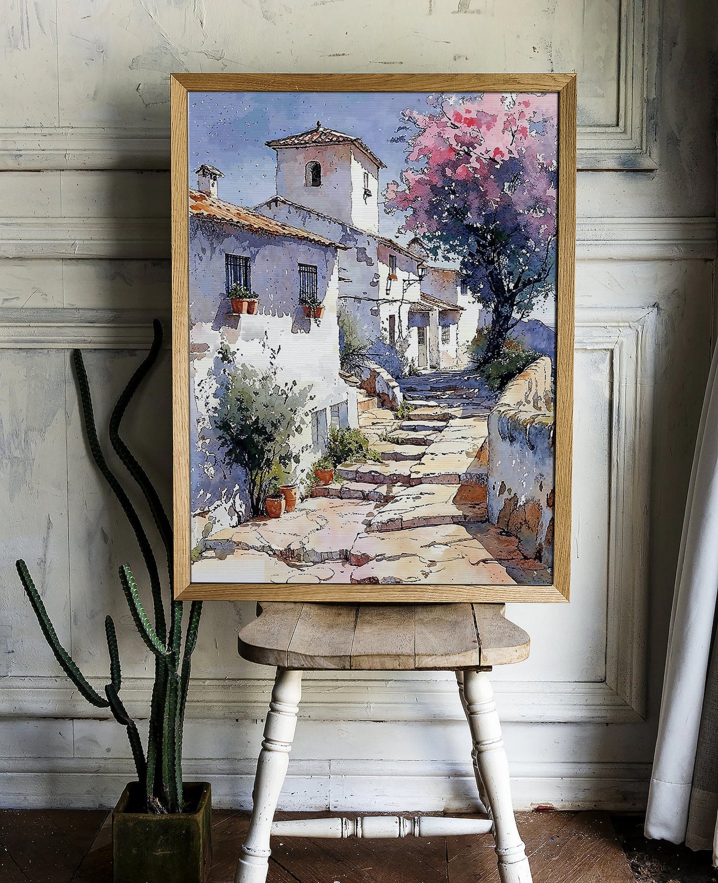 Charming Mediterranean Village Scene - Serene Steps and Blossoms Printable Art for Home Decor | Art Academi