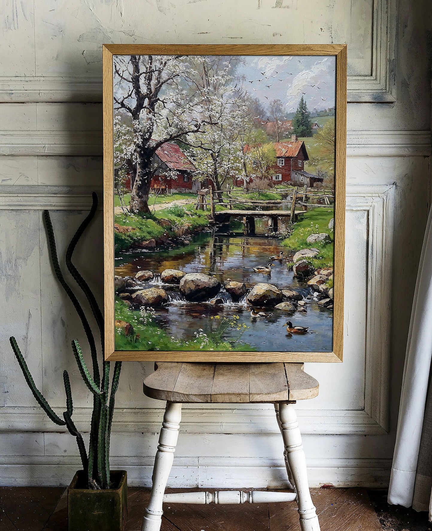 Rustic Springtime Farm with Blossoming Trees and Ducks - Tranquil Countryside Printable Art for Home Decor | Art Academi