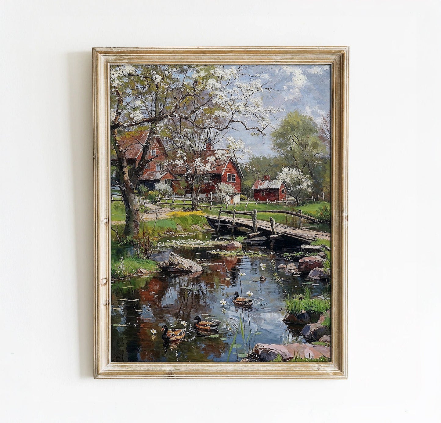 Quaint Spring Farm with Blossoming Trees and Ducks - Idyllic Countryside Printable Art for Home Decor | Art Academi