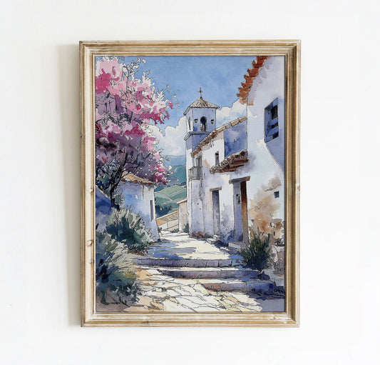 White Village Street with Blooming Tree - Mediterranean Printable Art for Home Decor | Art Academi