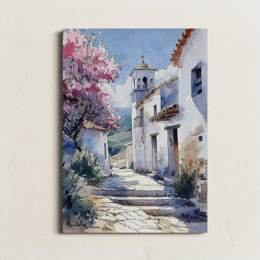 White Village Street with Blooming Tree - Mediterranean Printable Art for Home Decor | Art Academi