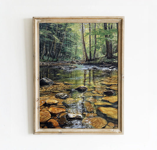 Forest Stream with Sunlit Reflections - Nature Printable Art for Home Decor | Art Academi