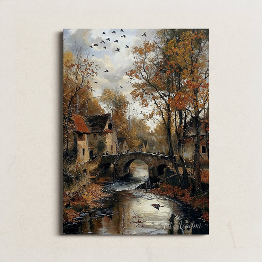 Rustic Bridge & Village Wall art, Village in Autumn Printable Art for Home Decor, 300 dpi High-resolution Wall Art for Instant Download