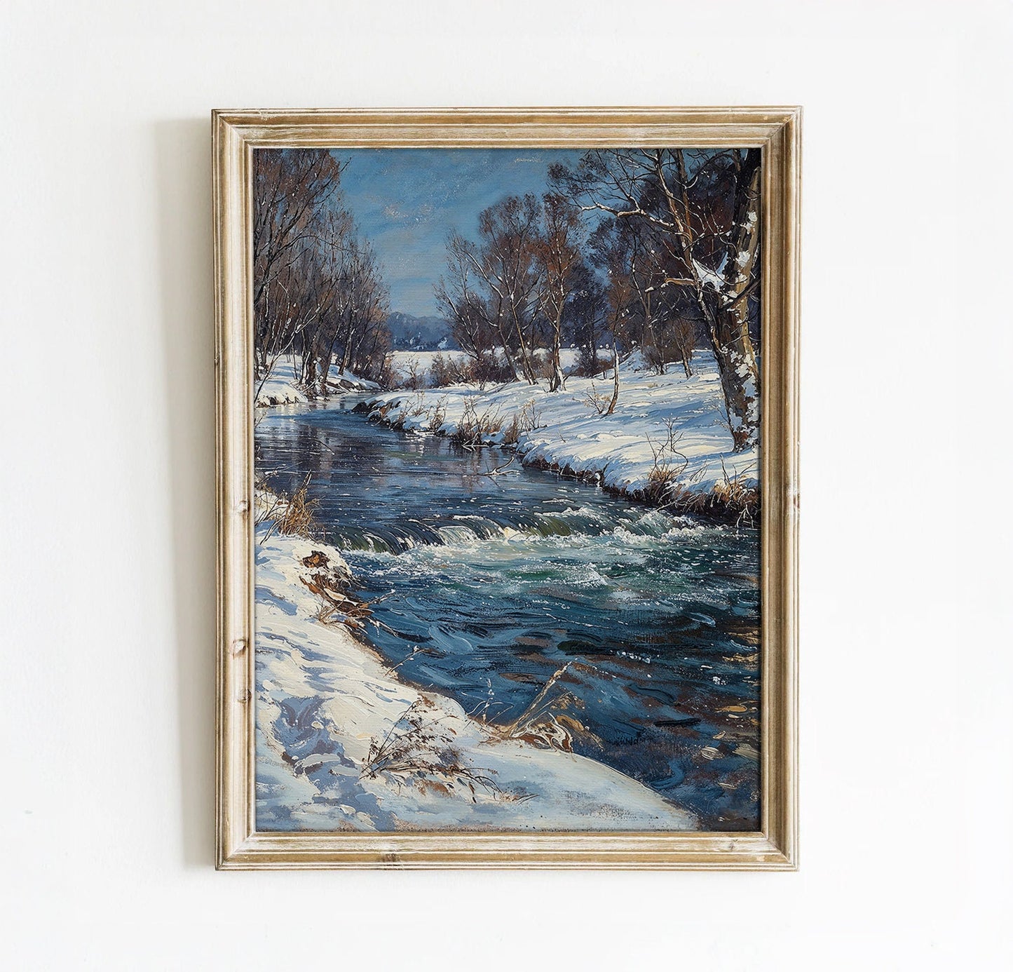 River in a Snowy Landscape Wall art, Serene River in Winter Printable Art, 300 dpi High-resolution Wall Art for Instant Download, Vertical