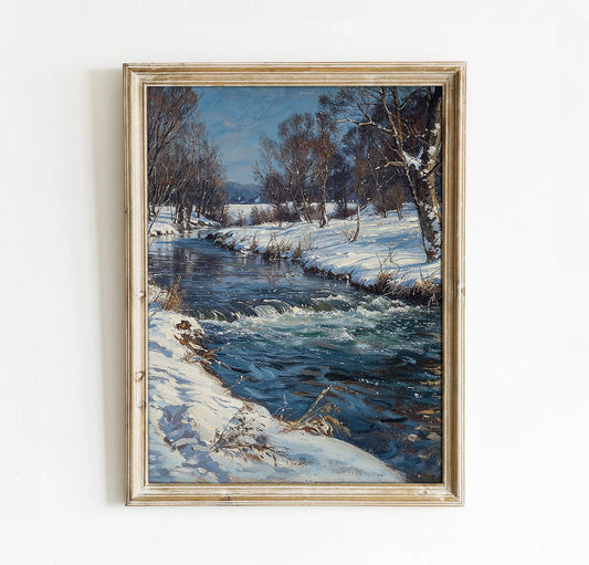 River in a Snowy Landscape Wall art, Serene River in Winter Printable Art, 300 dpi High-resolution Wall Art for Instant Download, Vertical