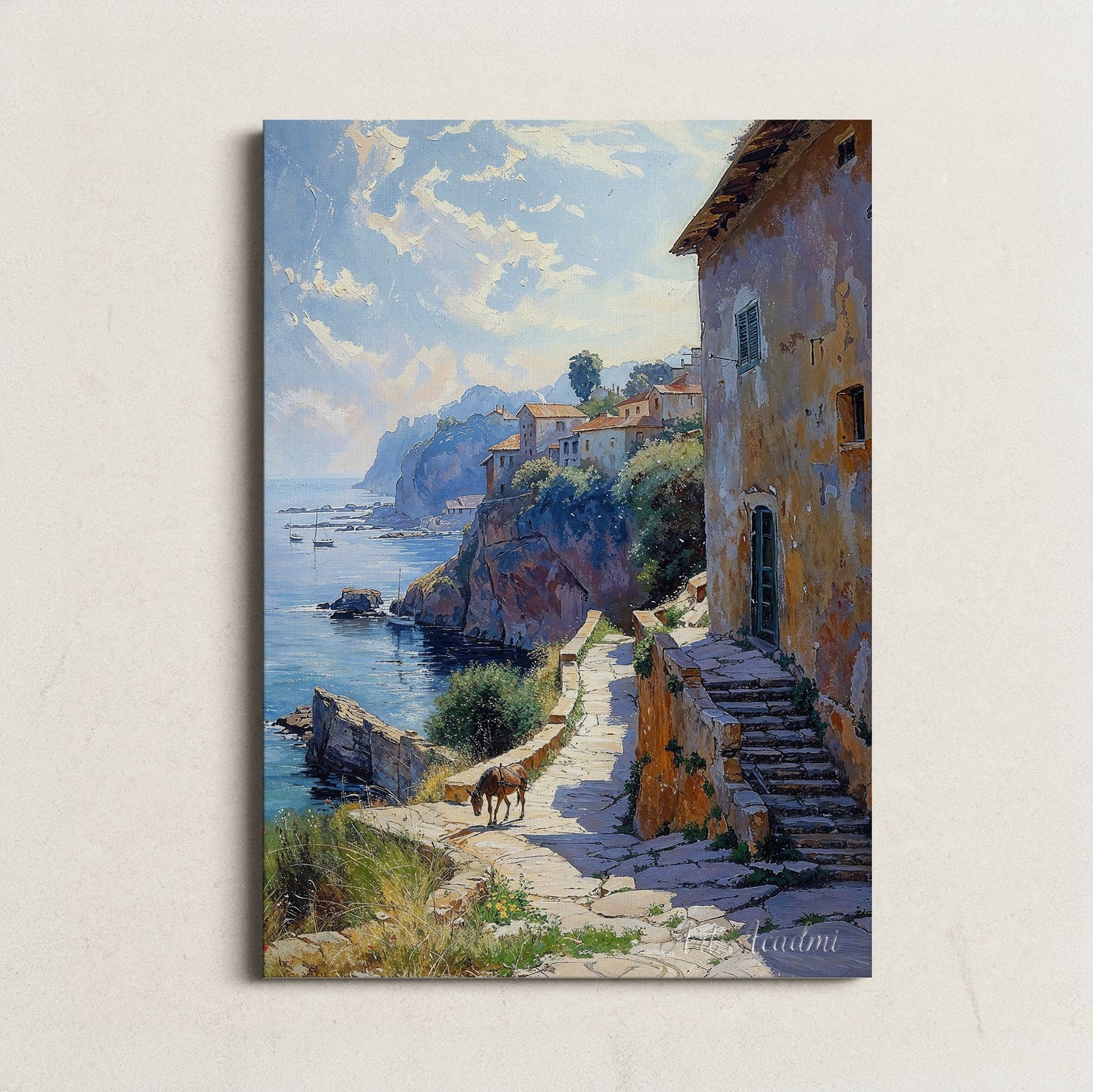 Coastal Village Pathway with Cliffs - Serene Seaside Printable Art for Home Decor | Art Academi