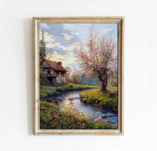 Blossoming Spring Cottage by the Stream - Tranquil Landscape Printable Art for Home Decor | Art Academi