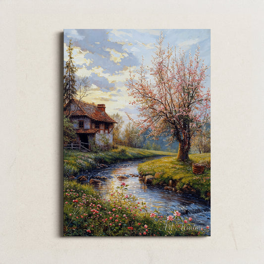 Blossoming Spring Cottage by the Stream - Tranquil Landscape Printable Art for Home Decor | Art Academi