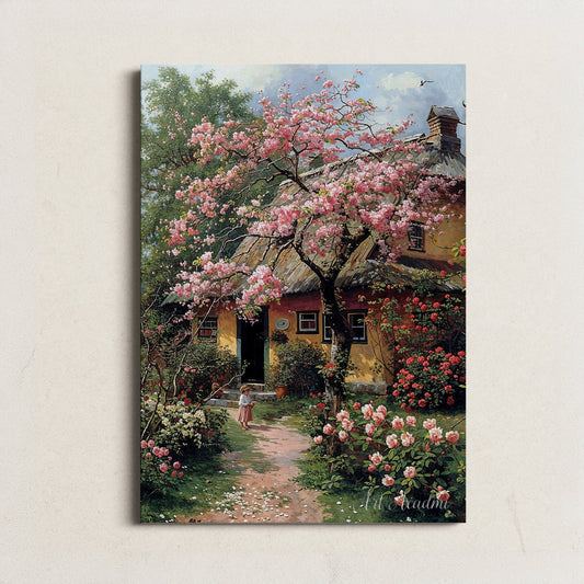 Charming Cottage with Blossoming Cherry Tree - Countryside Printable Art for Home Decor | Art Academi