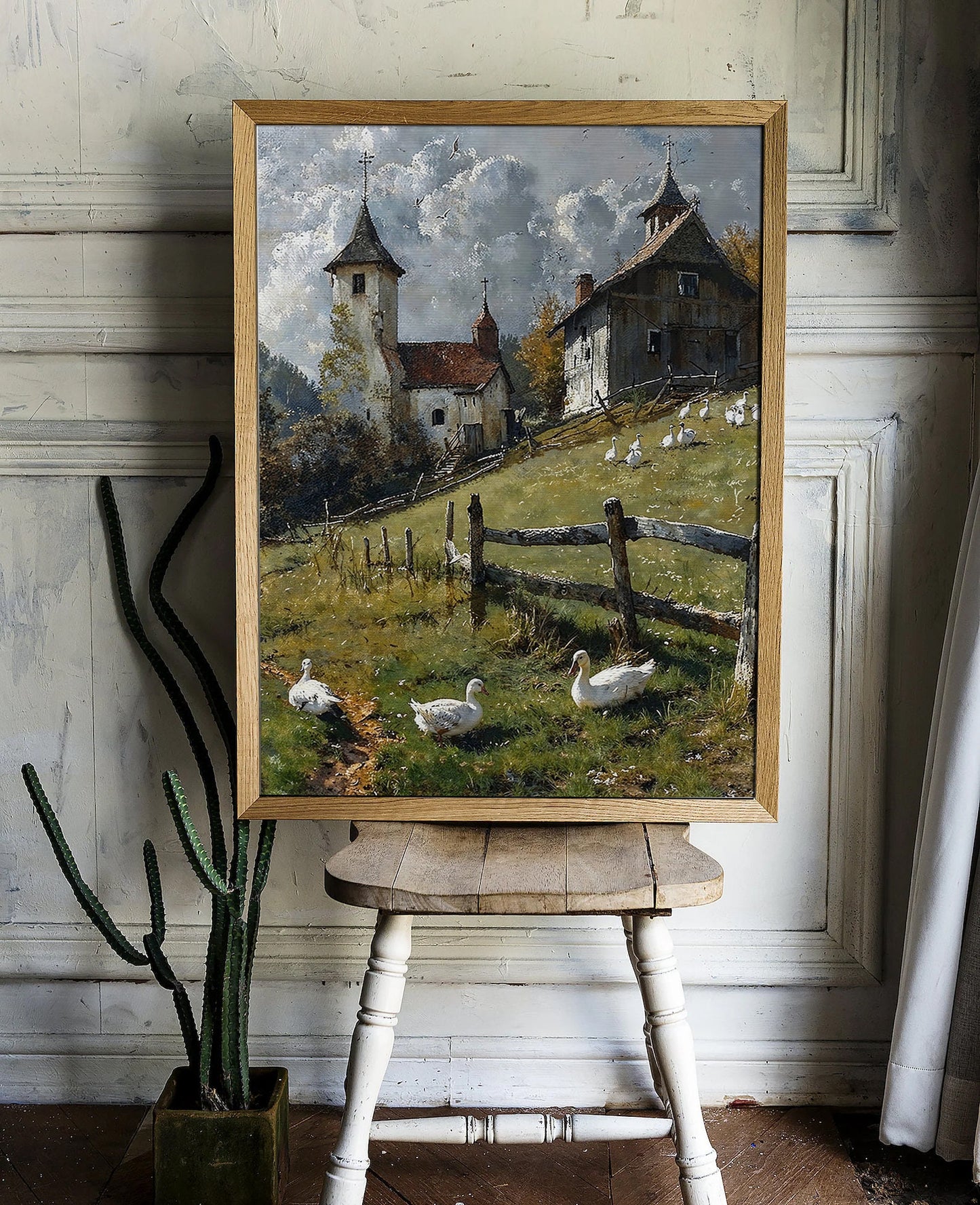 Countryside Church with Grazing Geese - Serene Rural Printable Art for Home Decor | Art Academi