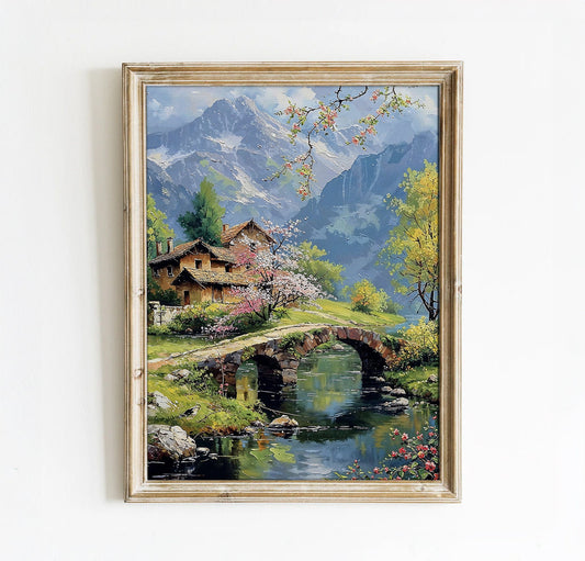 Mountain Cottage with Blossoming Trees and Stone Bridge - Serene Nature Printable Art for Home Decor | Art Academi