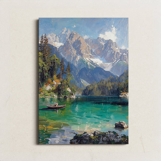 Mountain Lake with Fisherman and Snow-Capped Peaks - Scenic Landscape Printable Art for Home Decor | Art Academi