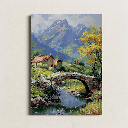 Charming Stone Bridge and Mountain Cottage - Countryside Printable Art for Home Decor | Art Academi