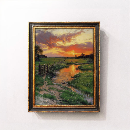 Golden Sunset Over a Serene Countryside Stream - Peaceful Landscape Printable Art | Art Academi