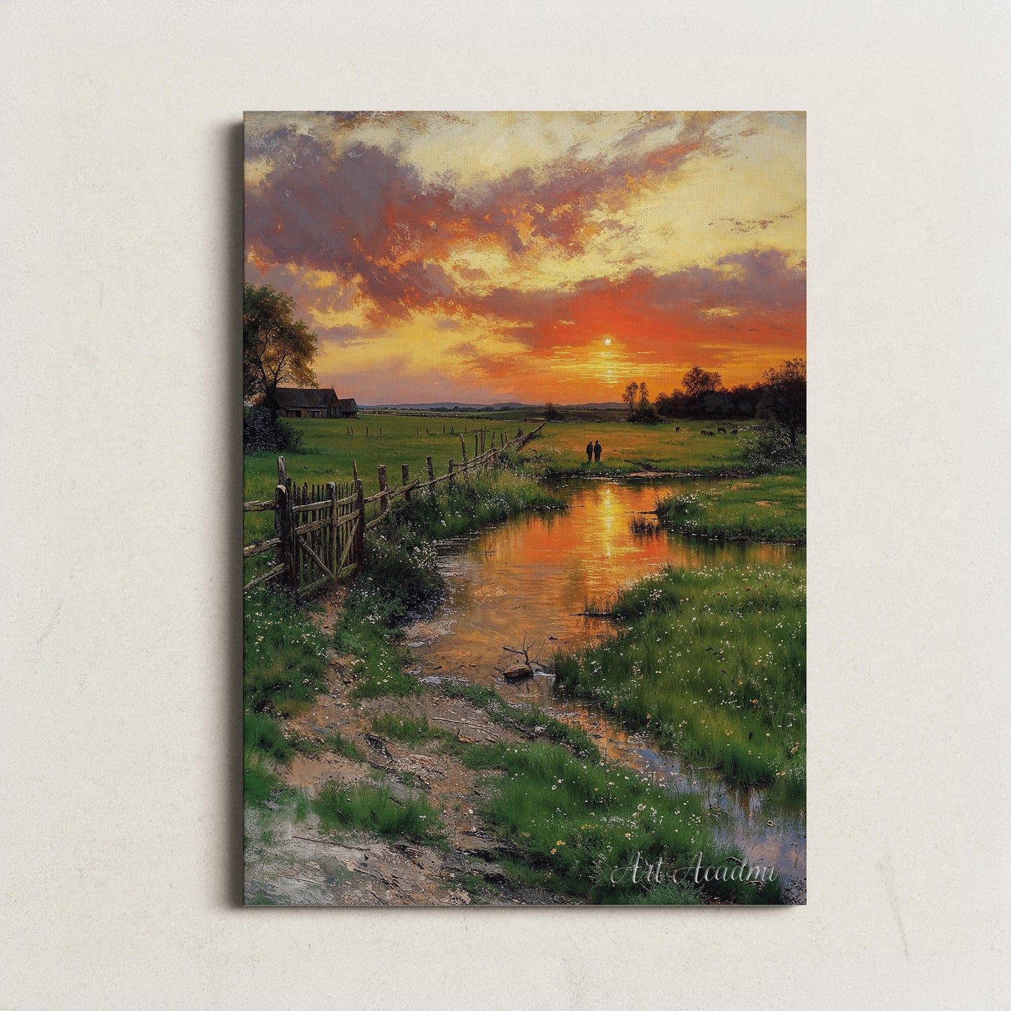 Golden Sunset Over a Serene Countryside Stream - Peaceful Landscape Printable Art | Art Academi