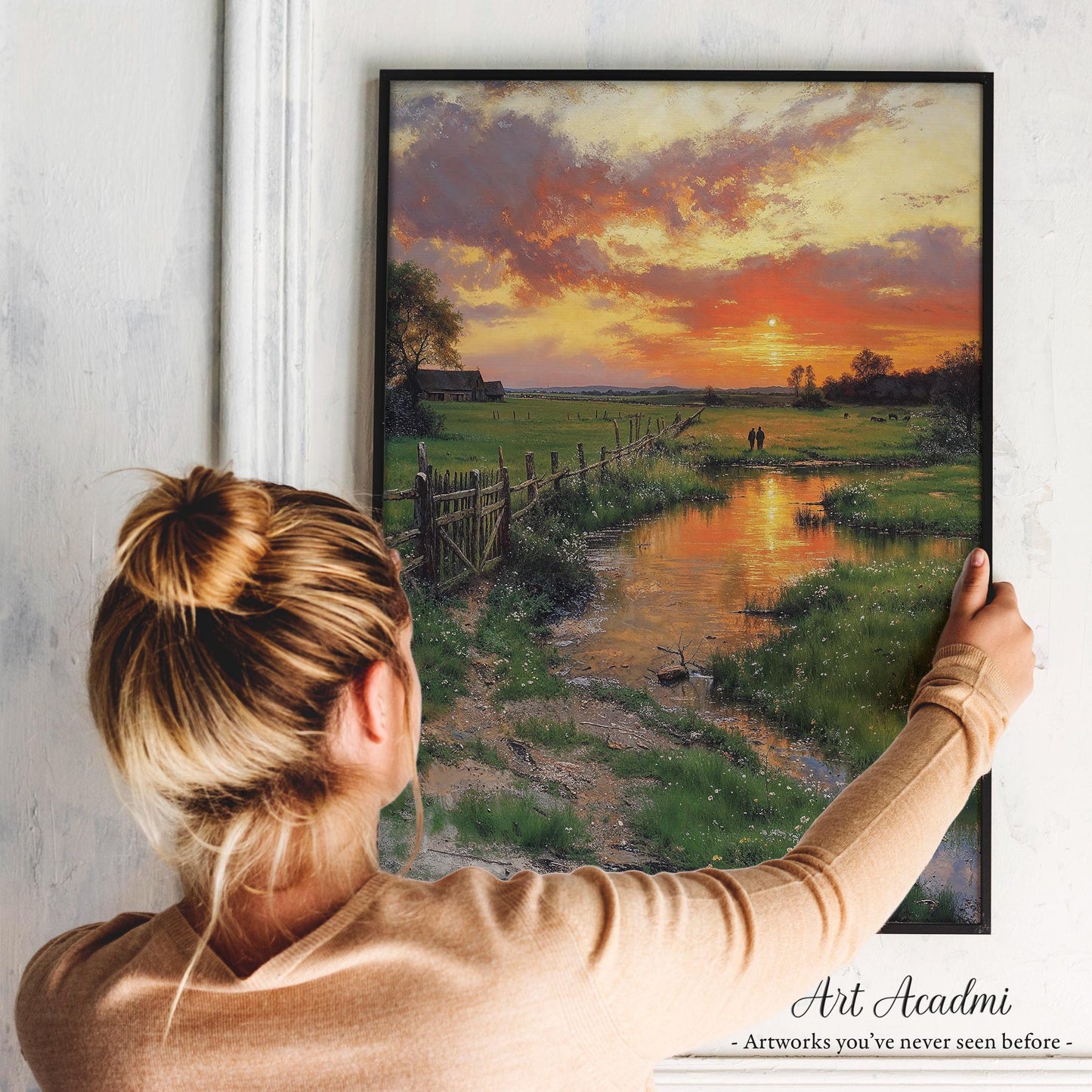 Golden Sunset Over a Serene Countryside Stream - Peaceful Landscape Printable Art | Art Academi