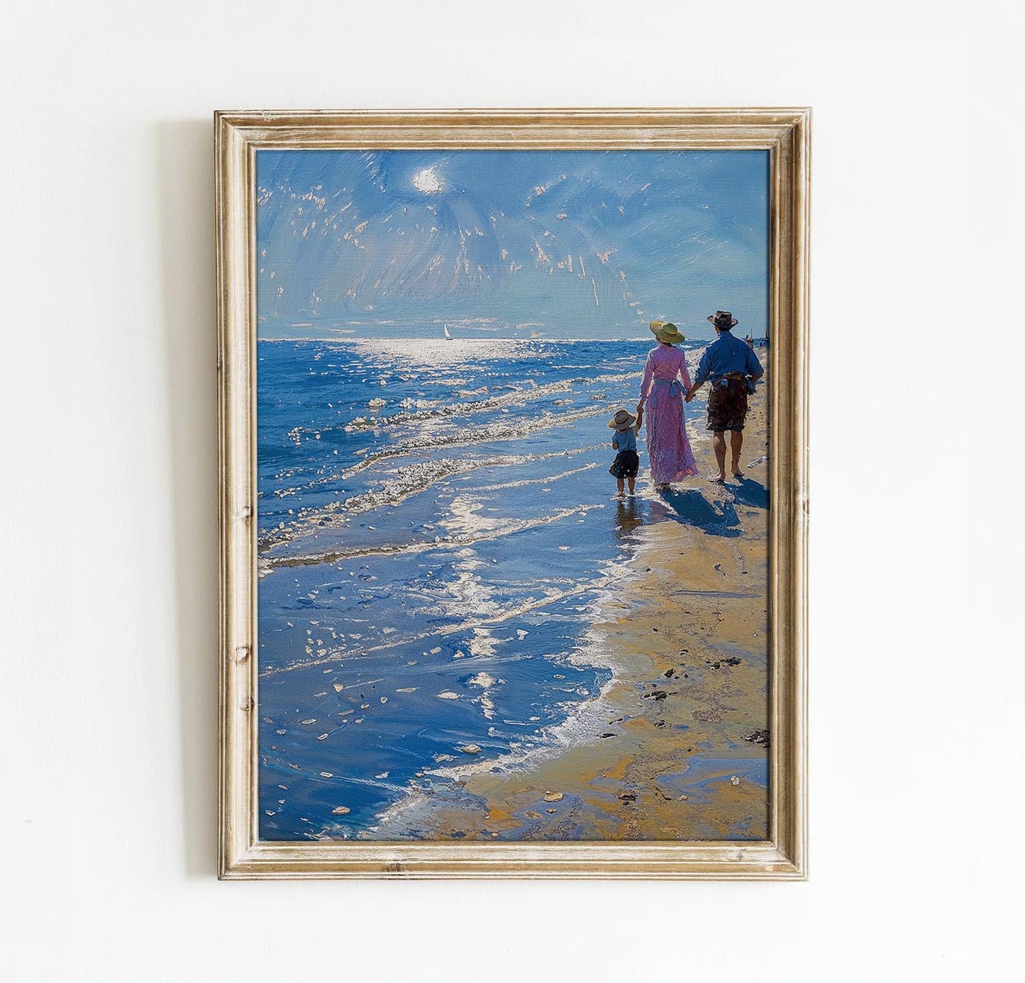 Family Stroll Along the Sunlit Shore - Beach Scene Printable Art | Art Academi