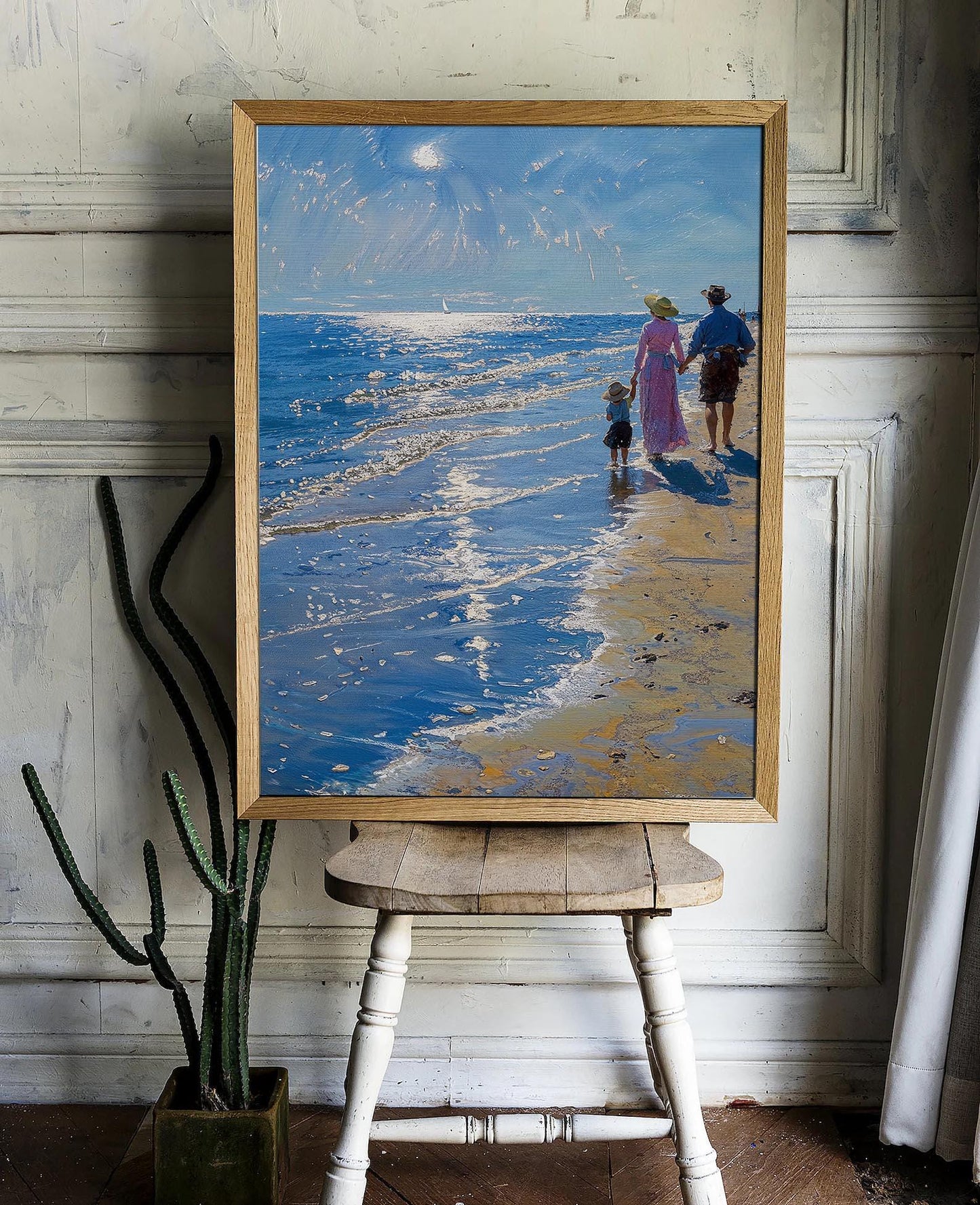 Family Stroll Along the Sunlit Shore - Beach Scene Printable Art | Art Academi