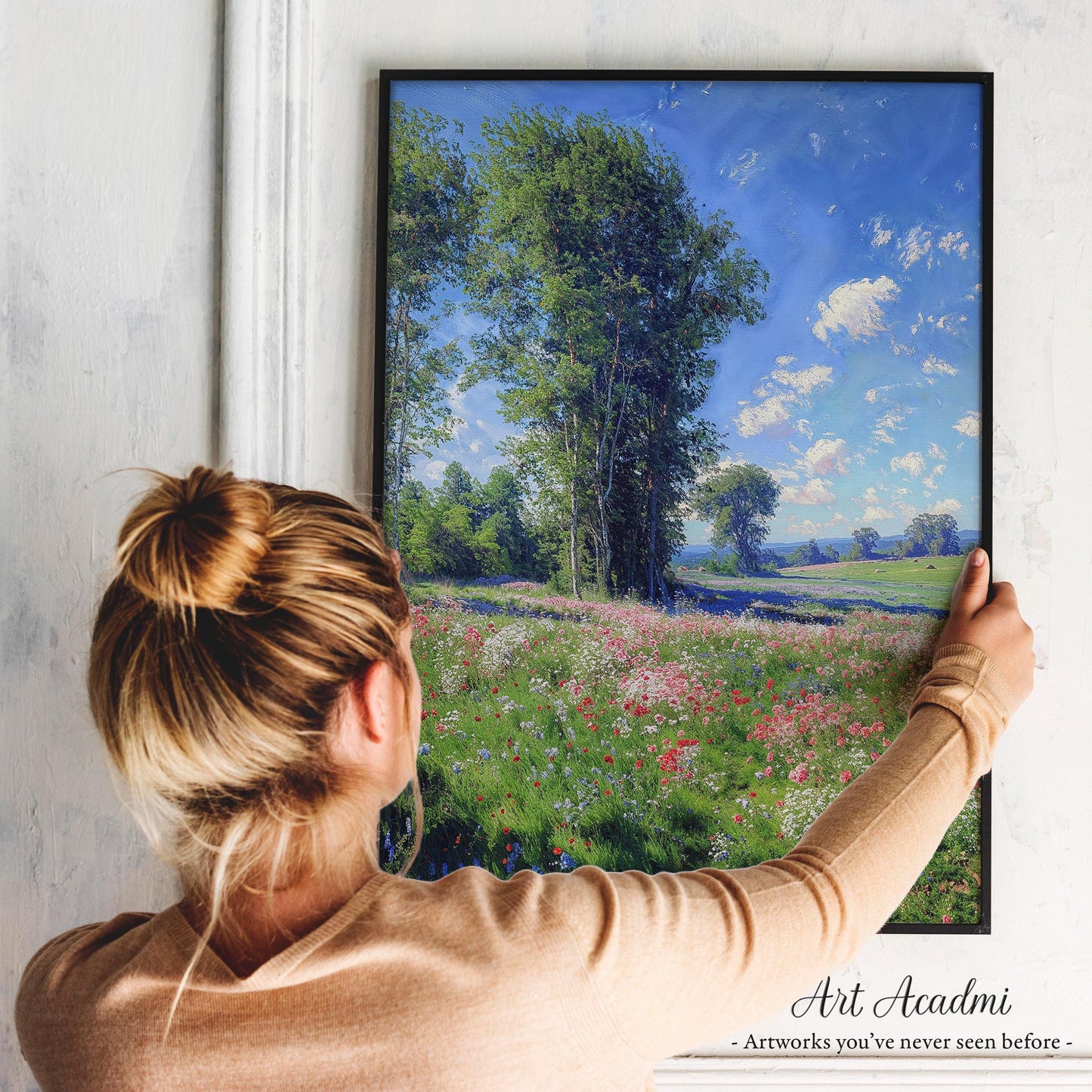 Vibrant Wildflower Meadow with Towering Trees - Nature Landscape Printable Art | Art Academi