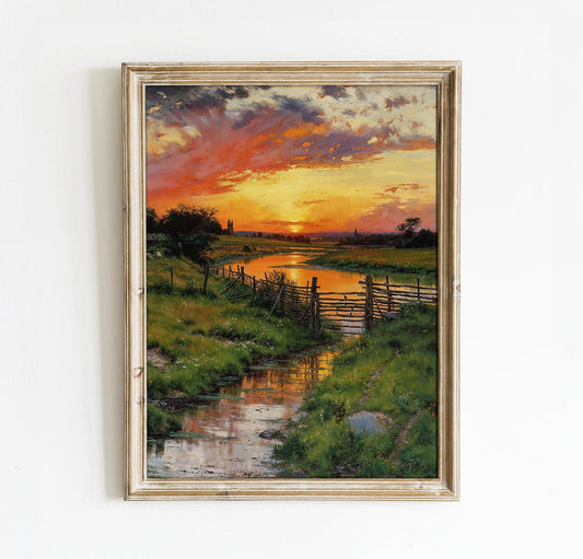 Golden Sunset Over a Serene Countryside Stream with Rustic Fences - Landscape Printable Art | Art Academi