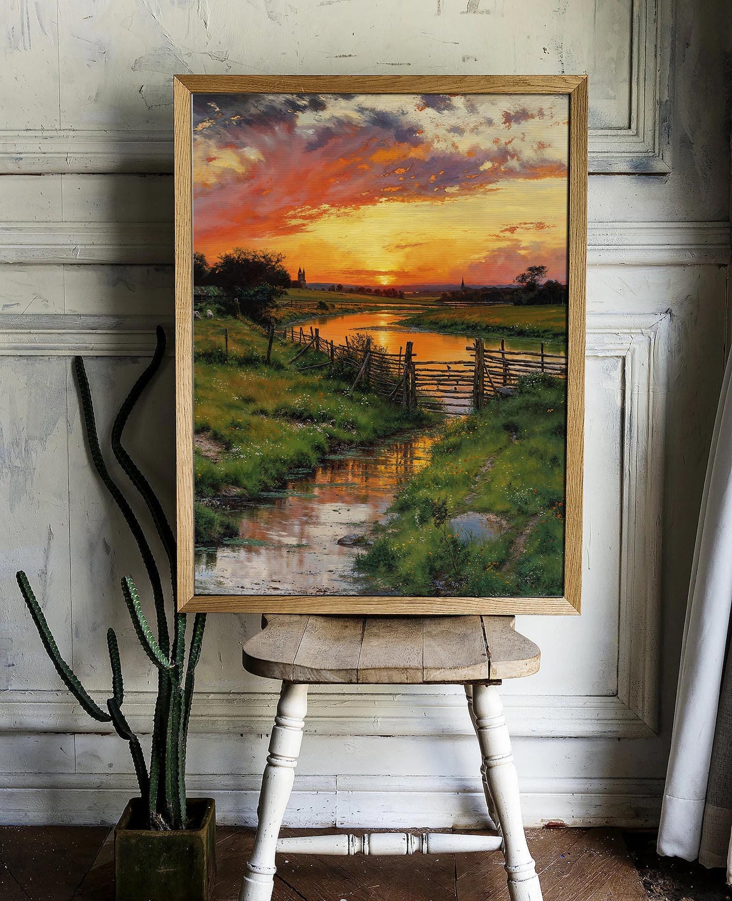 Golden Sunset Over a Serene Countryside Stream with Rustic Fences - Landscape Printable Art | Art Academi