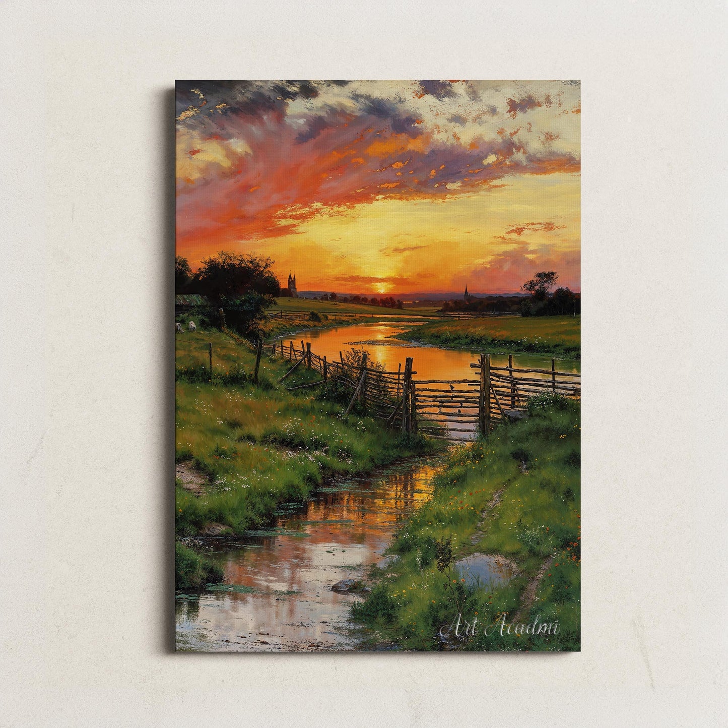 Golden Sunset Over a Serene Countryside Stream with Rustic Fences - Landscape Printable Art | Art Academi