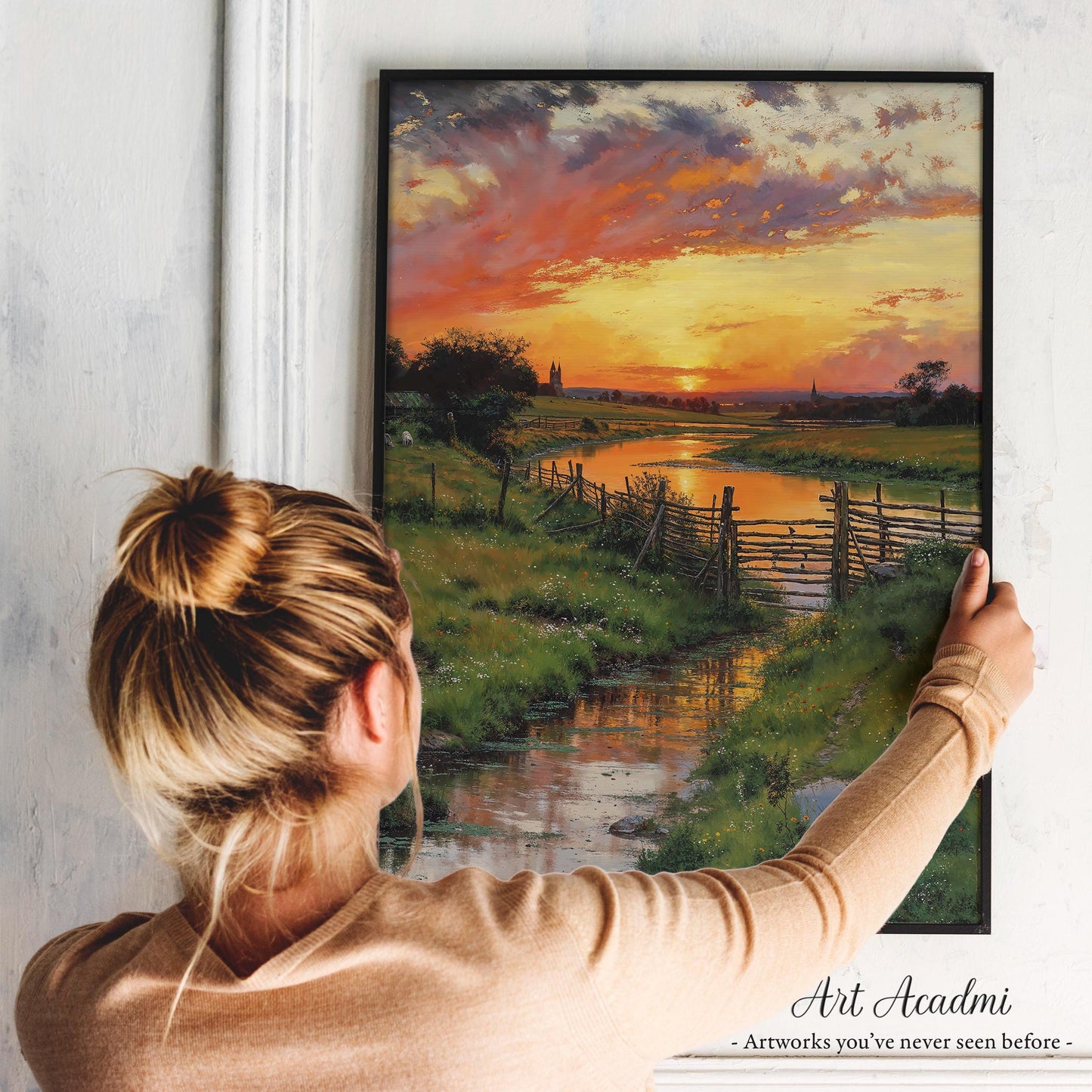 Golden Sunset Over a Serene Countryside Stream with Rustic Fences - Landscape Printable Art | Art Academi