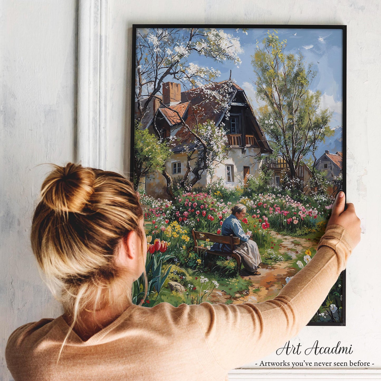 Charming Garden Cottage with Blooming Flowers and a Woman Resting - Countryside Printable Art | Art Academi