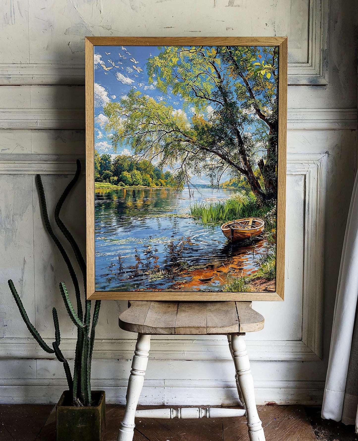 Peaceful River Scene with Wooden Boat and Lush Trees - Nature Landscape Printable Art | Art Academi