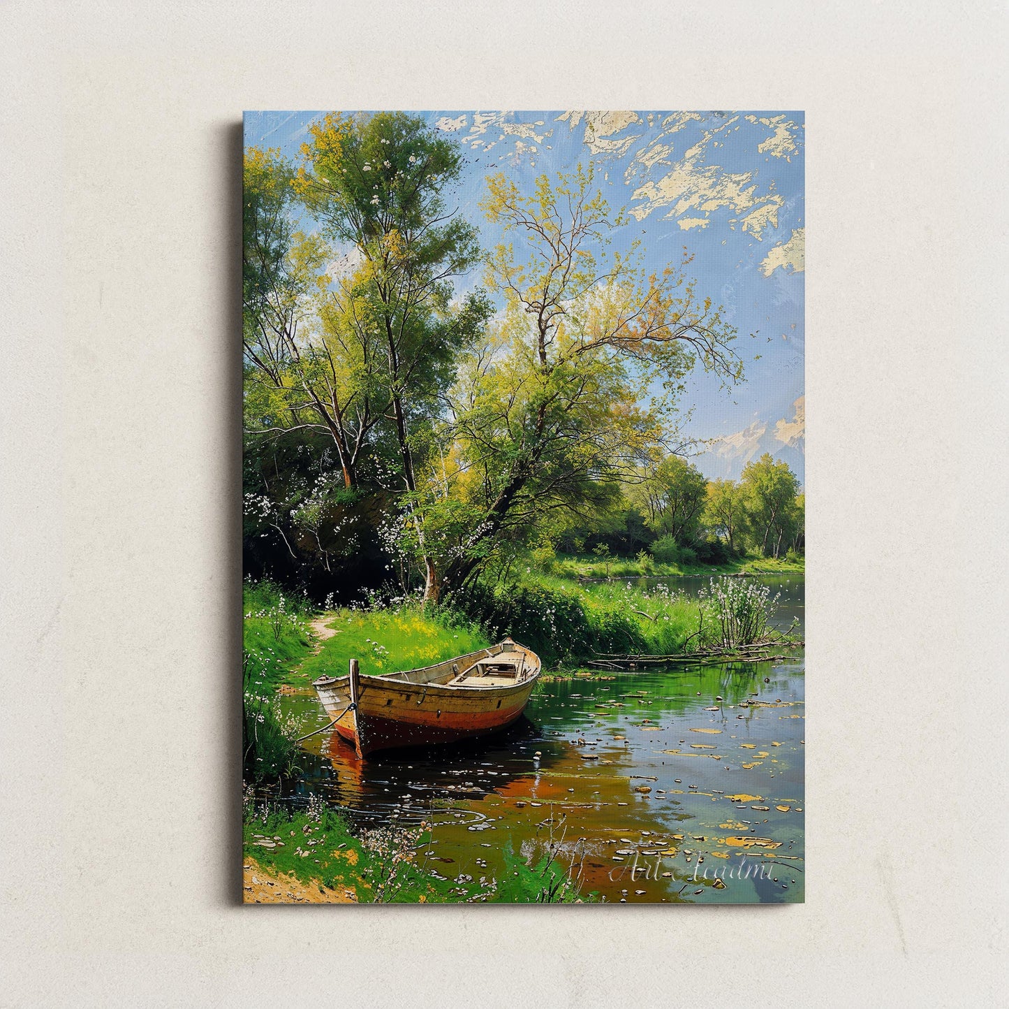 Tranquil Riverbank with Wooden Boat and Blooming Trees - Nature Landscape Printable Art | Art Academi