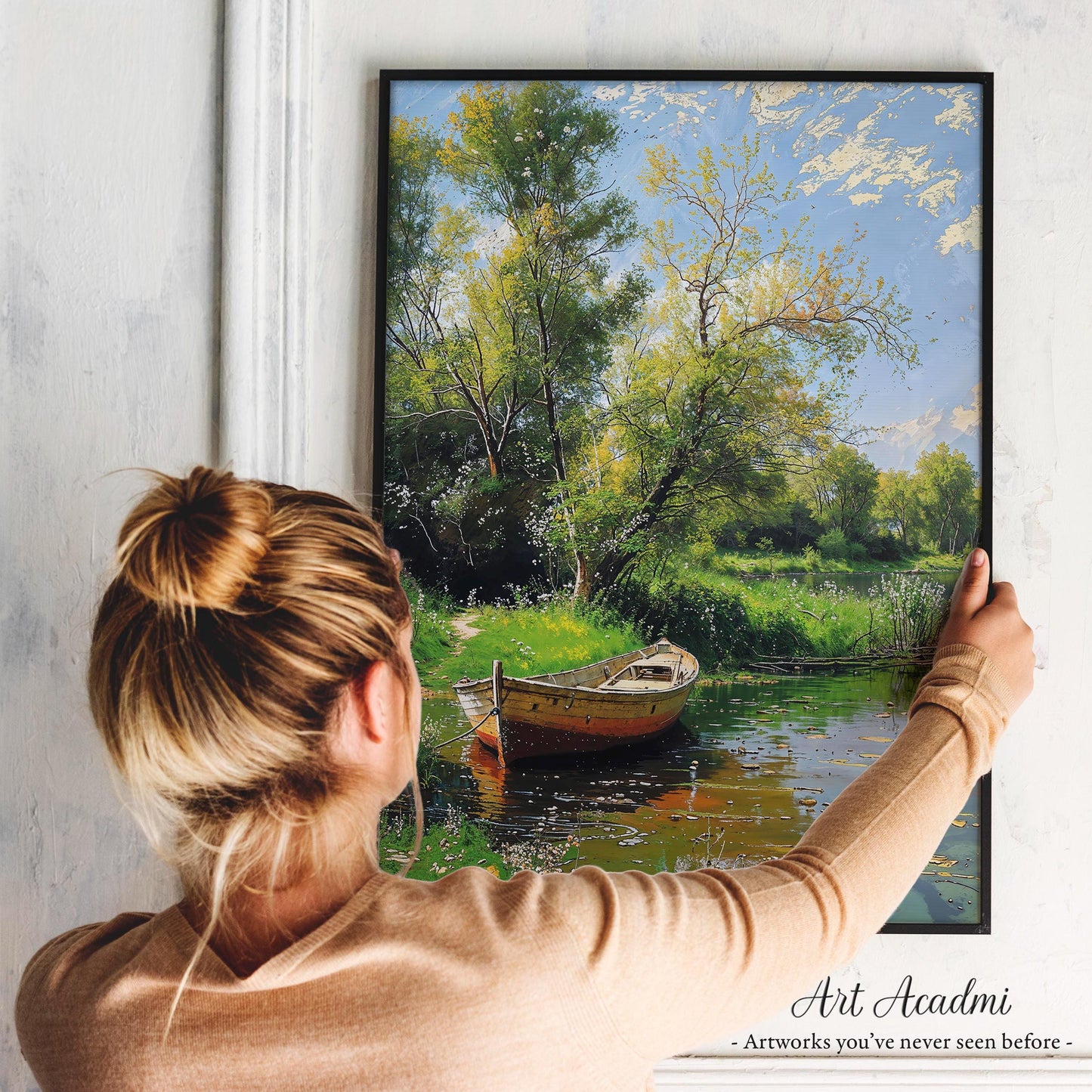 Tranquil Riverbank with Wooden Boat and Blooming Trees - Nature Landscape Printable Art | Art Academi