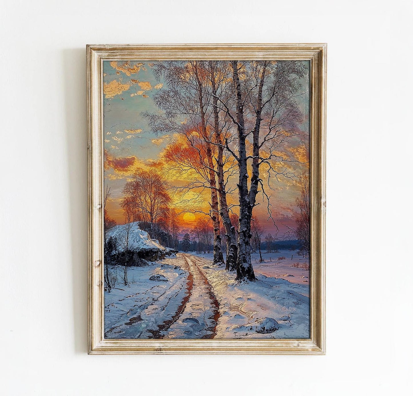 Winter Sunset with Snowy Path and Birch Trees - Serene Landscape Printable Art | Art Academi