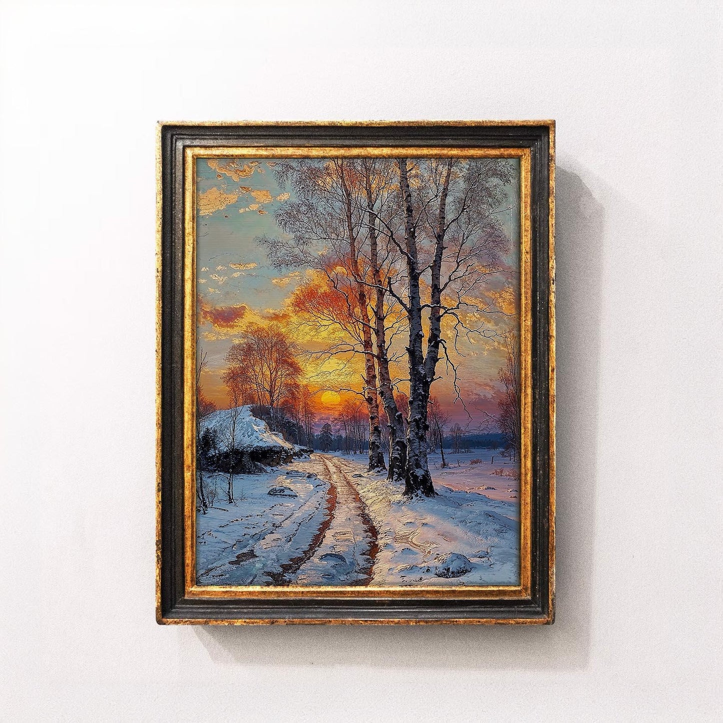 Winter Sunset with Snowy Path and Birch Trees - Serene Landscape Printable Art | Art Academi