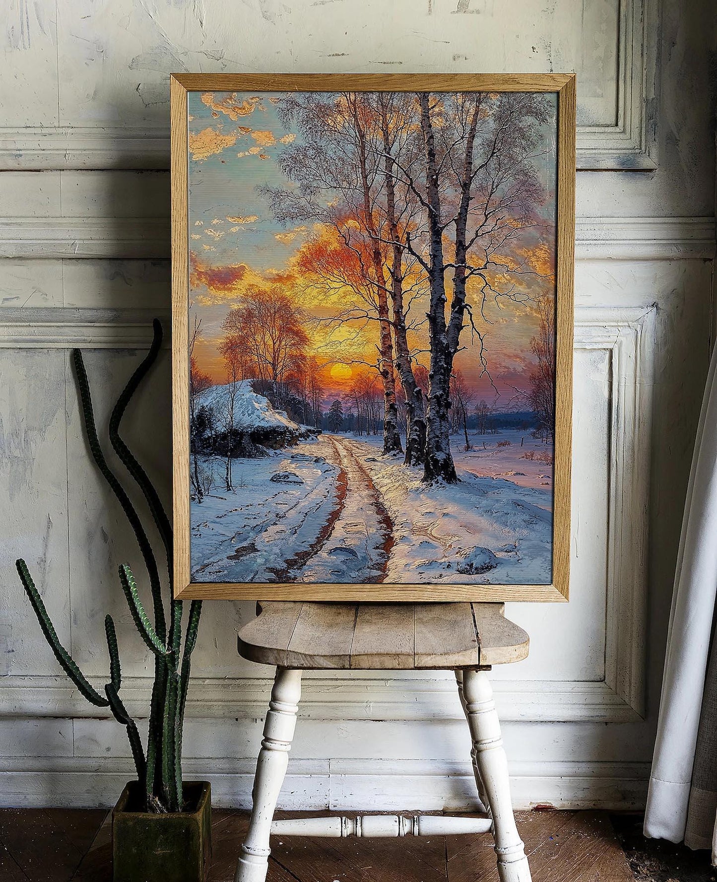 Winter Sunset with Snowy Path and Birch Trees - Serene Landscape Printable Art | Art Academi