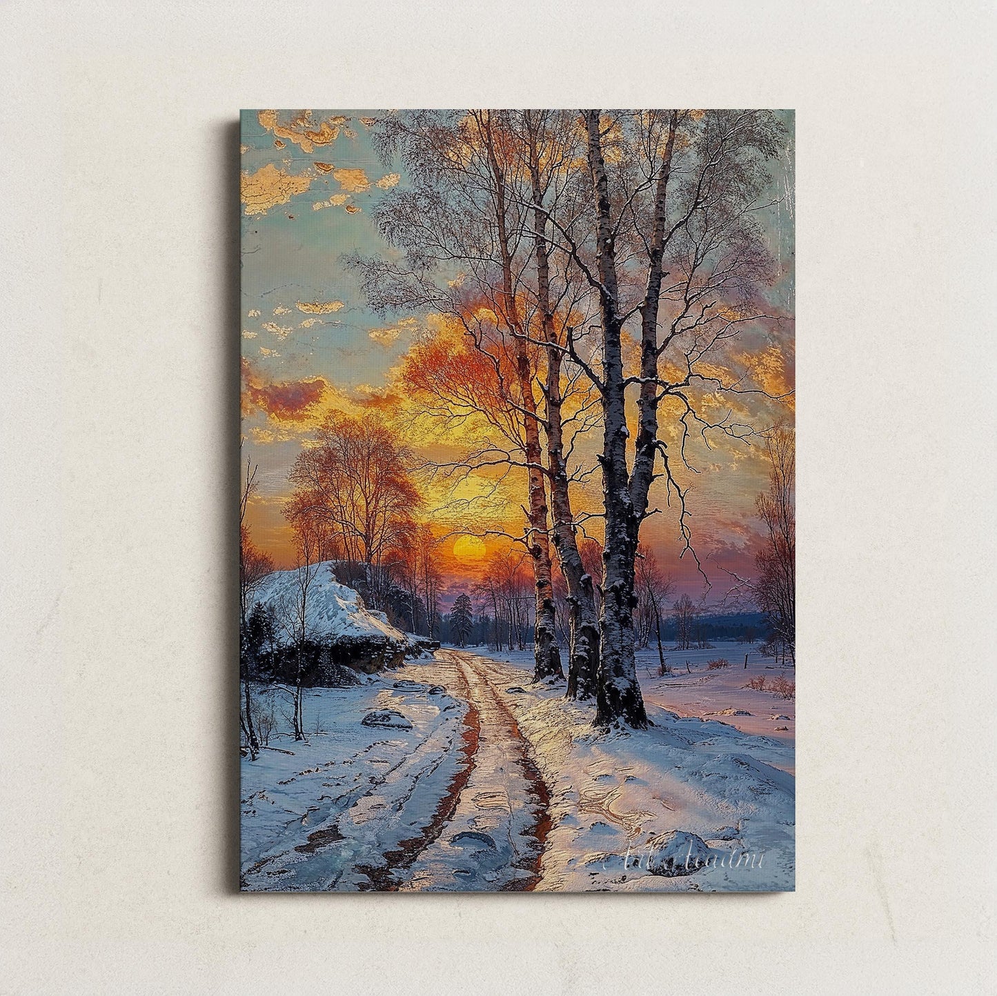 Winter Sunset with Snowy Path and Birch Trees - Serene Landscape Printable Art | Art Academi