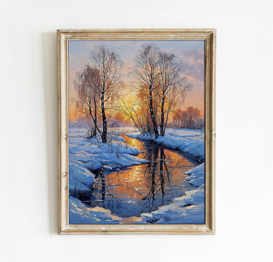 Golden Winter Sunset with Snowy Stream and Bare Trees - Serene Landscape Printable Art | Art Academi