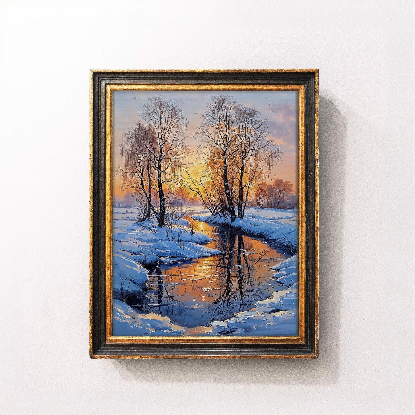 Golden Winter Sunset with Snowy Stream and Bare Trees - Serene Landscape Printable Art | Art Academi