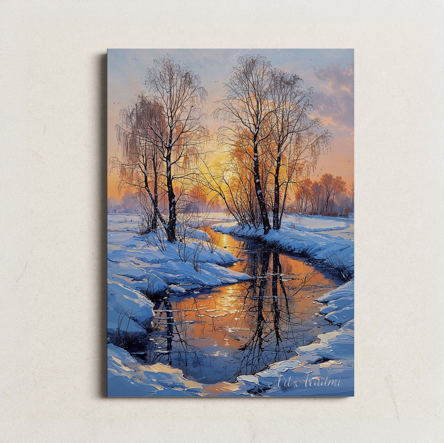 Golden Winter Sunset with Snowy Stream and Bare Trees - Serene Landscape Printable Art | Art Academi